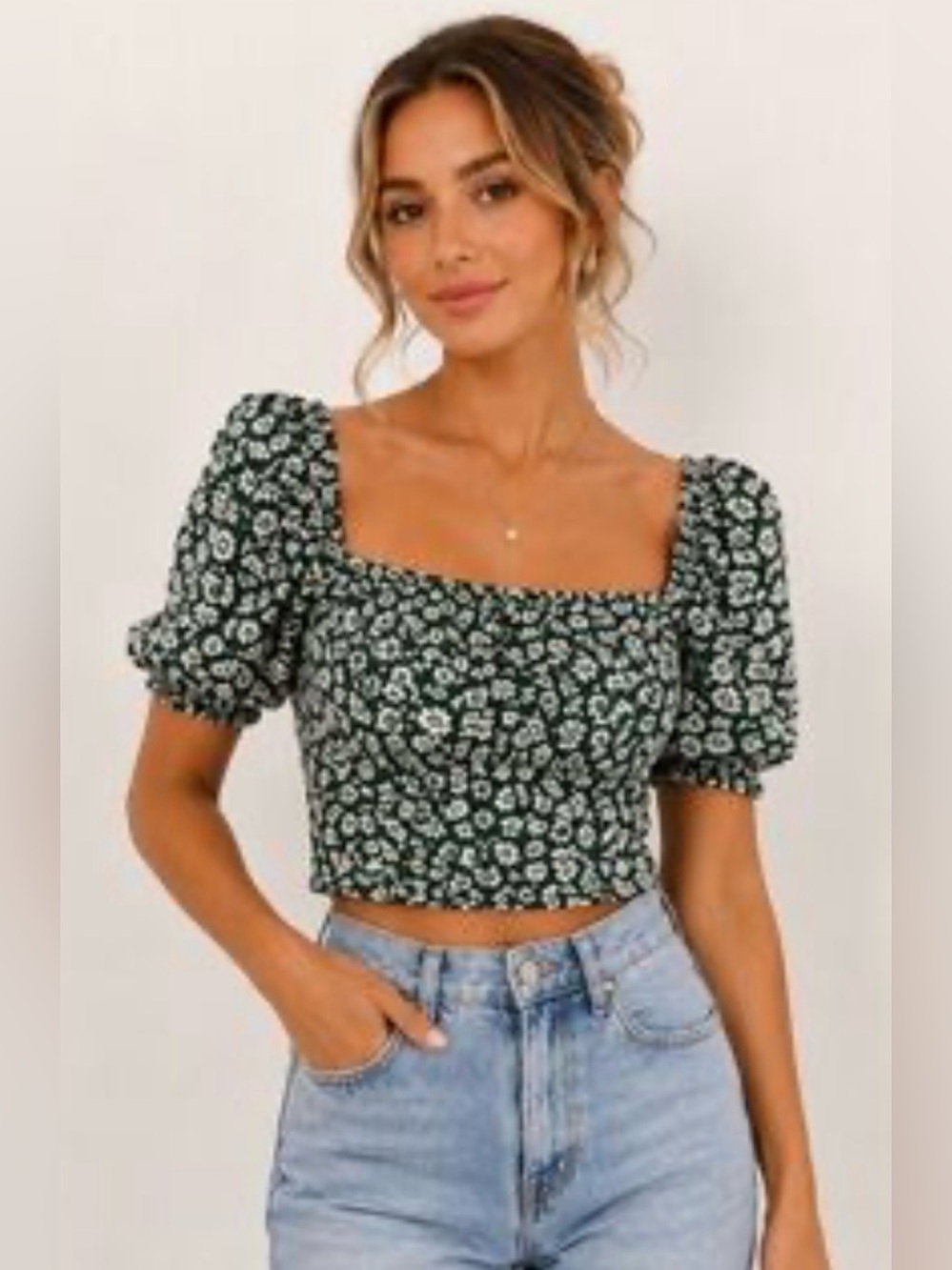 🛍️Divided Small Green Floral Square-Neck Puff Sleeve Crop Top